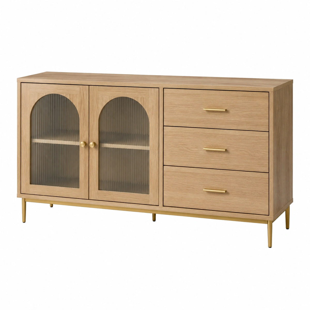 Buffet 160 x 40 x 85 cm effet chêne clair avec verre strié et tiroirs style contemporain