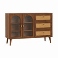 Buffet de rangement 140 x 40 x 90 cm en bois marron avec verre strié et cannage style rétro