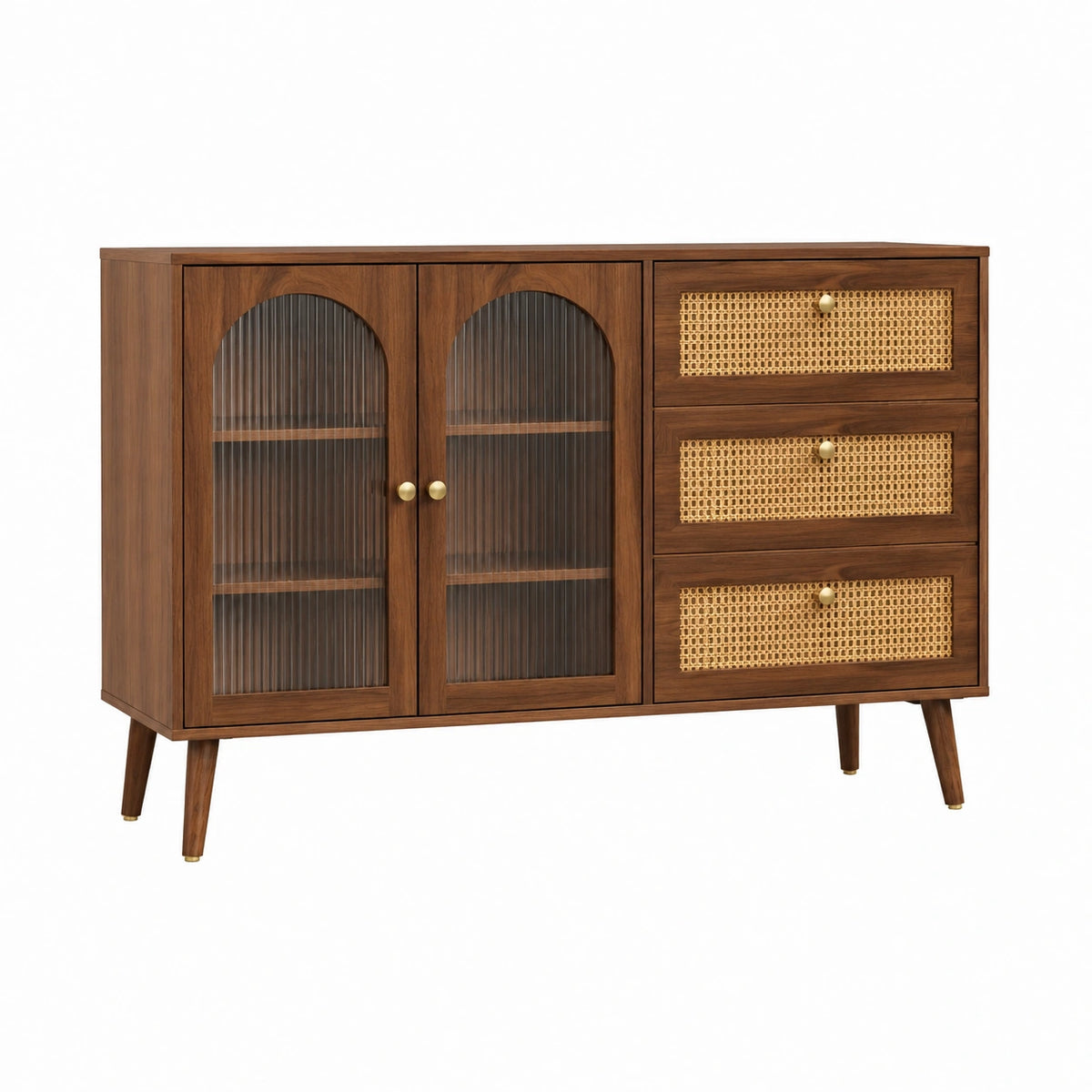Buffet de rangement 140 x 40 x 90 cm en bois marron avec verre strié et cannage style rétro