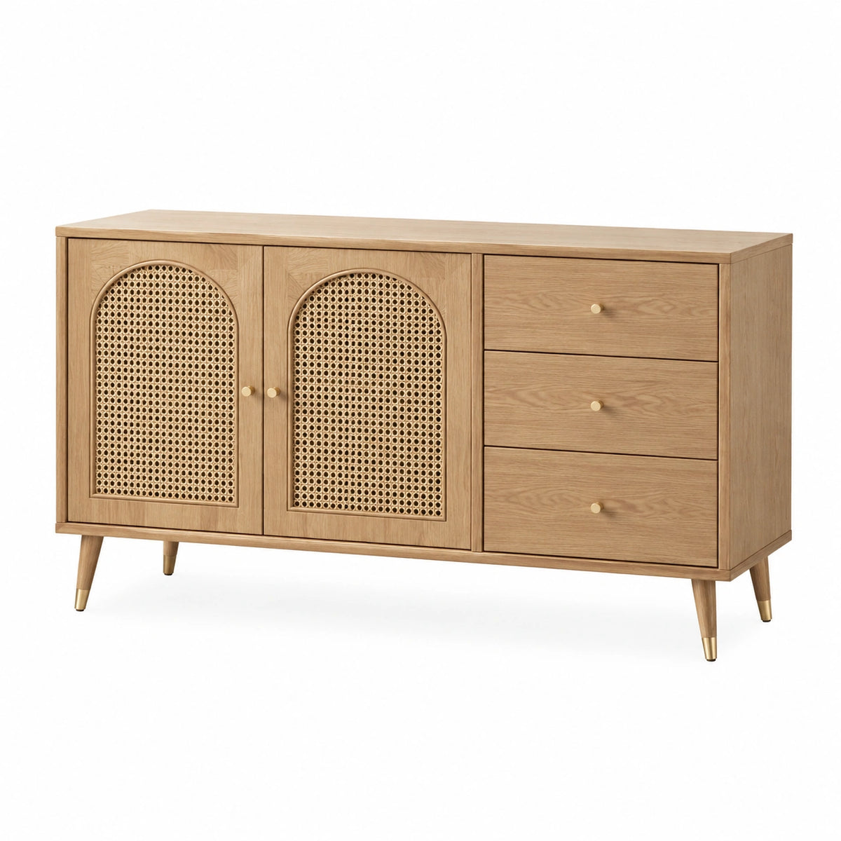 Buffet 160 x 40 x 80 cm en bois naturel et cannage - Rangement vintage avec 3 tiroirs