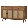 Buffet 160 x 40 x 85 cm en bois marron et cannage naturel style rétro avec 4 portes et 2 tiroirs