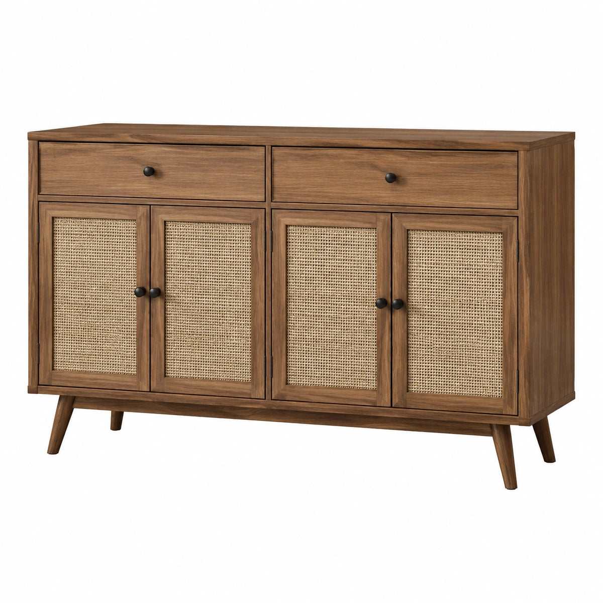 Buffet 160 x 40 x 85 cm en bois marron et cannage naturel style rétro avec 4 portes et 2 tiroirs