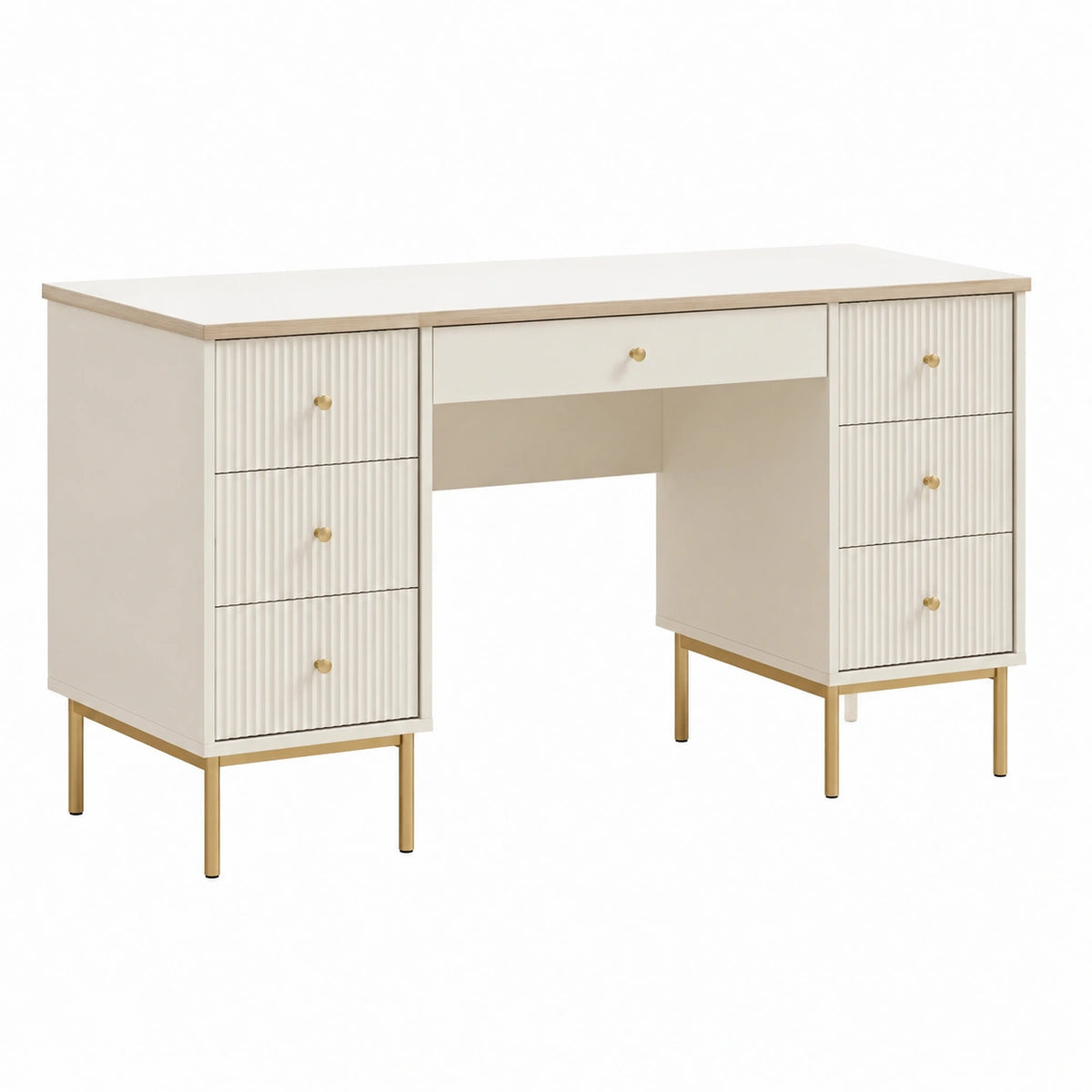 Bureau 140 x 60 x 75 cm en panneaux crème avec pieds métal doré et 7 tiroirs