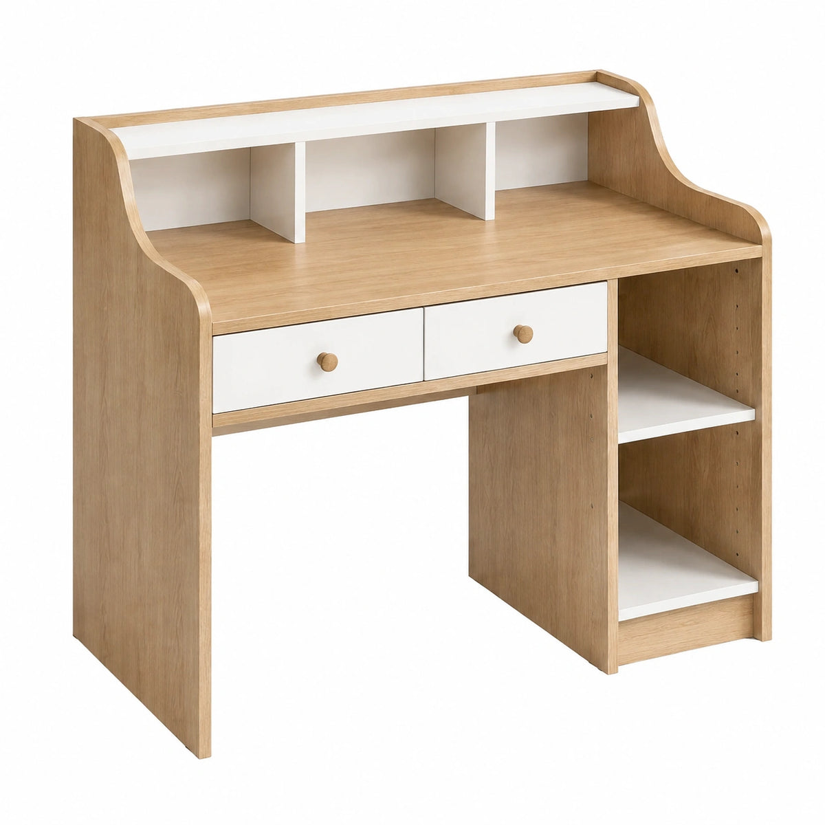 Bureau 100 x 50 x 100 cm en panneaux de bois chêne clair blanc avec étagères et tiroirs