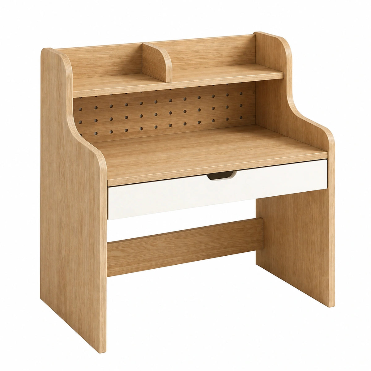 Bureau enfant 100 cm en panneaux bois chêne clair blanc avec tiroir et étagères