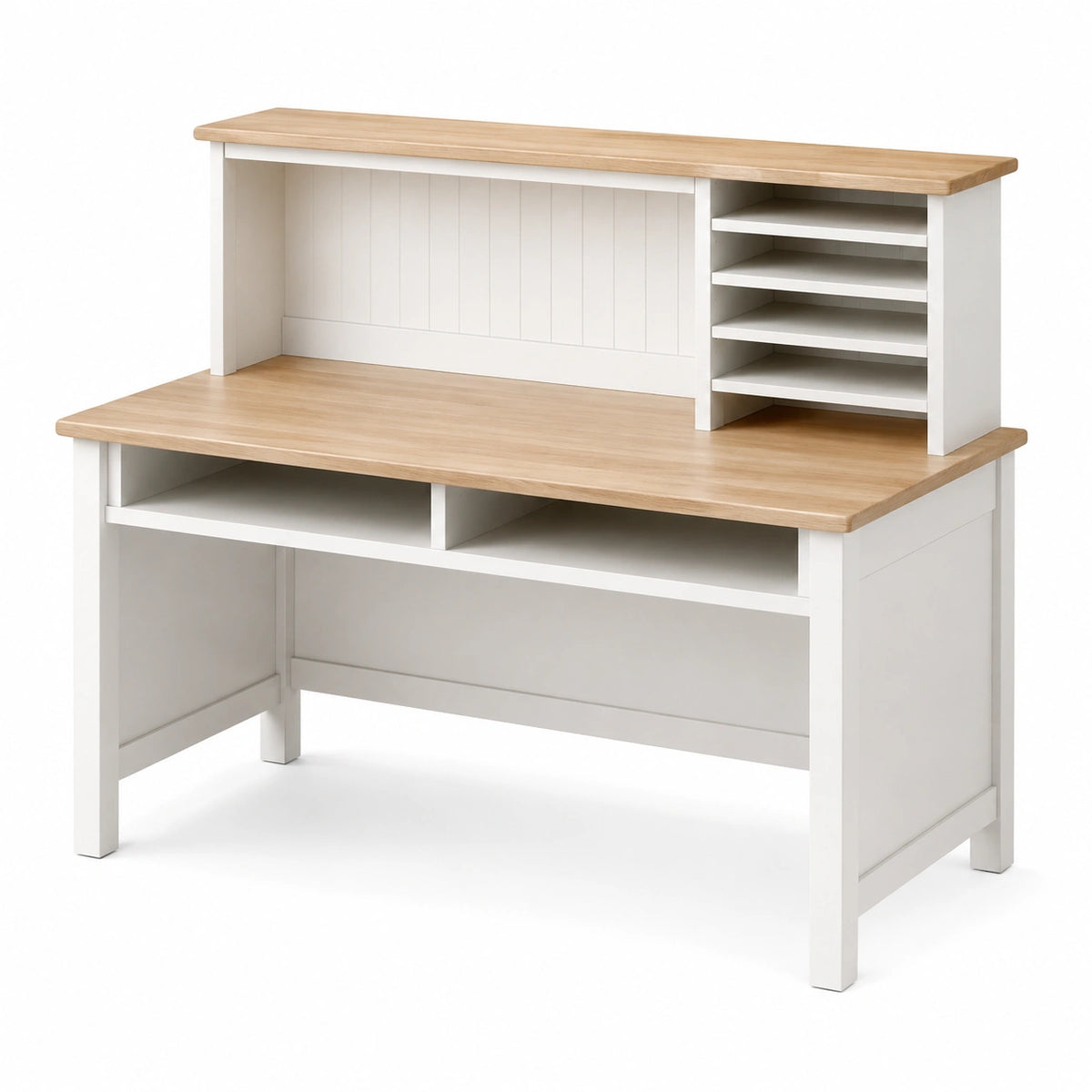 Bureau 120 x 60 cm en bois blanc et naturel avec étagères de rangement