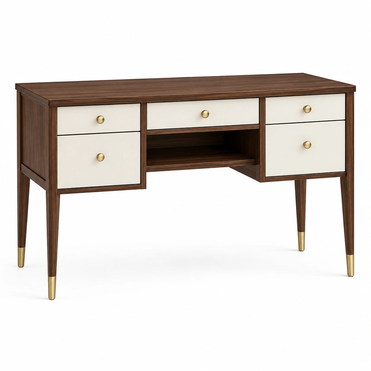 Bureau 140 x 60 x 76 cm en bois brun et crème avec 5 tiroirs style rétro