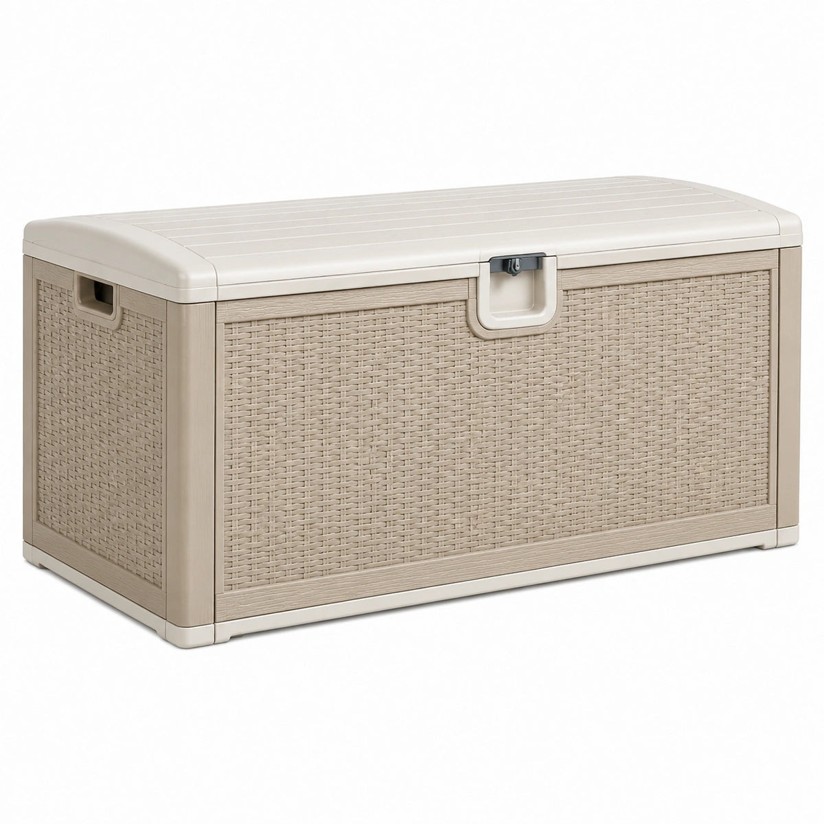 Coffre de rangement extérieur 120 x 55 x 60 cm en résine beige tressée avec couvercle verrouillable