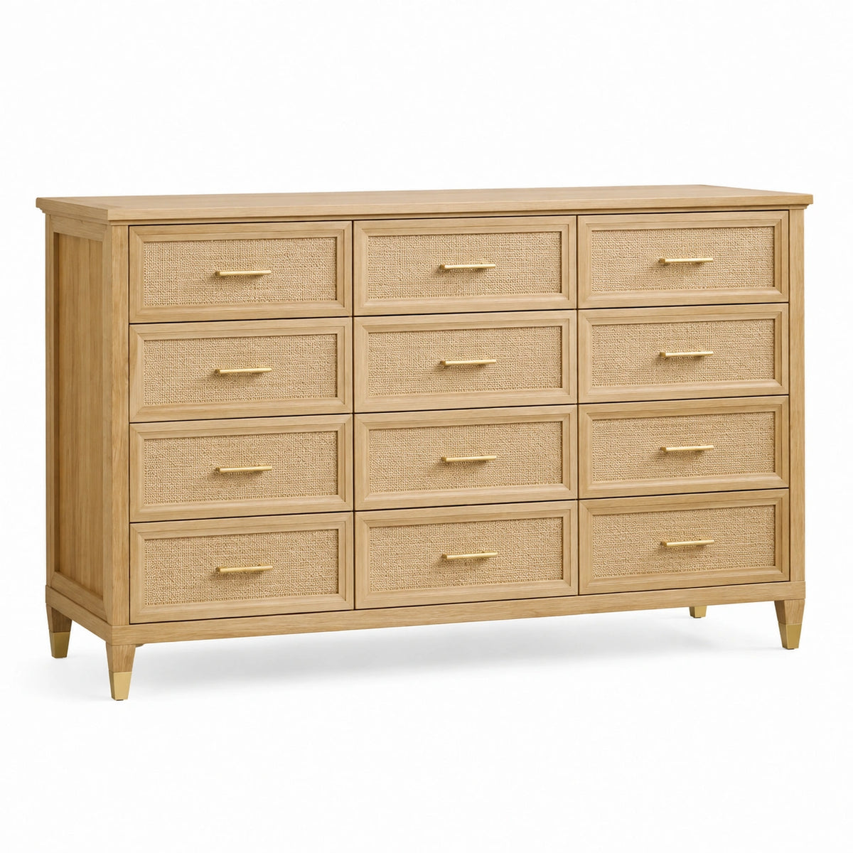 Commode 160 x 45 x 95 cm en bois naturel avec 12 tiroirs cannés style rétro