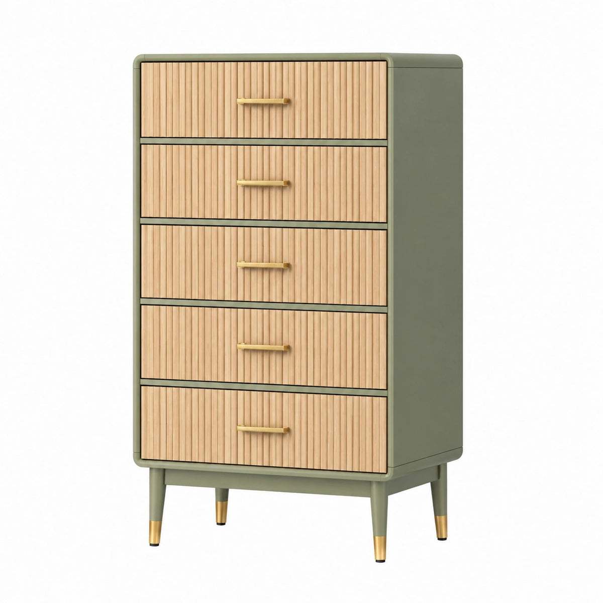 Commode 80 x 40 x 150 cm en panneaux de bois vert sauge et naturel à 5 tiroirs style moderne