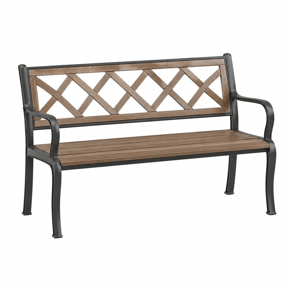 Banc de jardin 122 cm en métal noir et marron style treillis