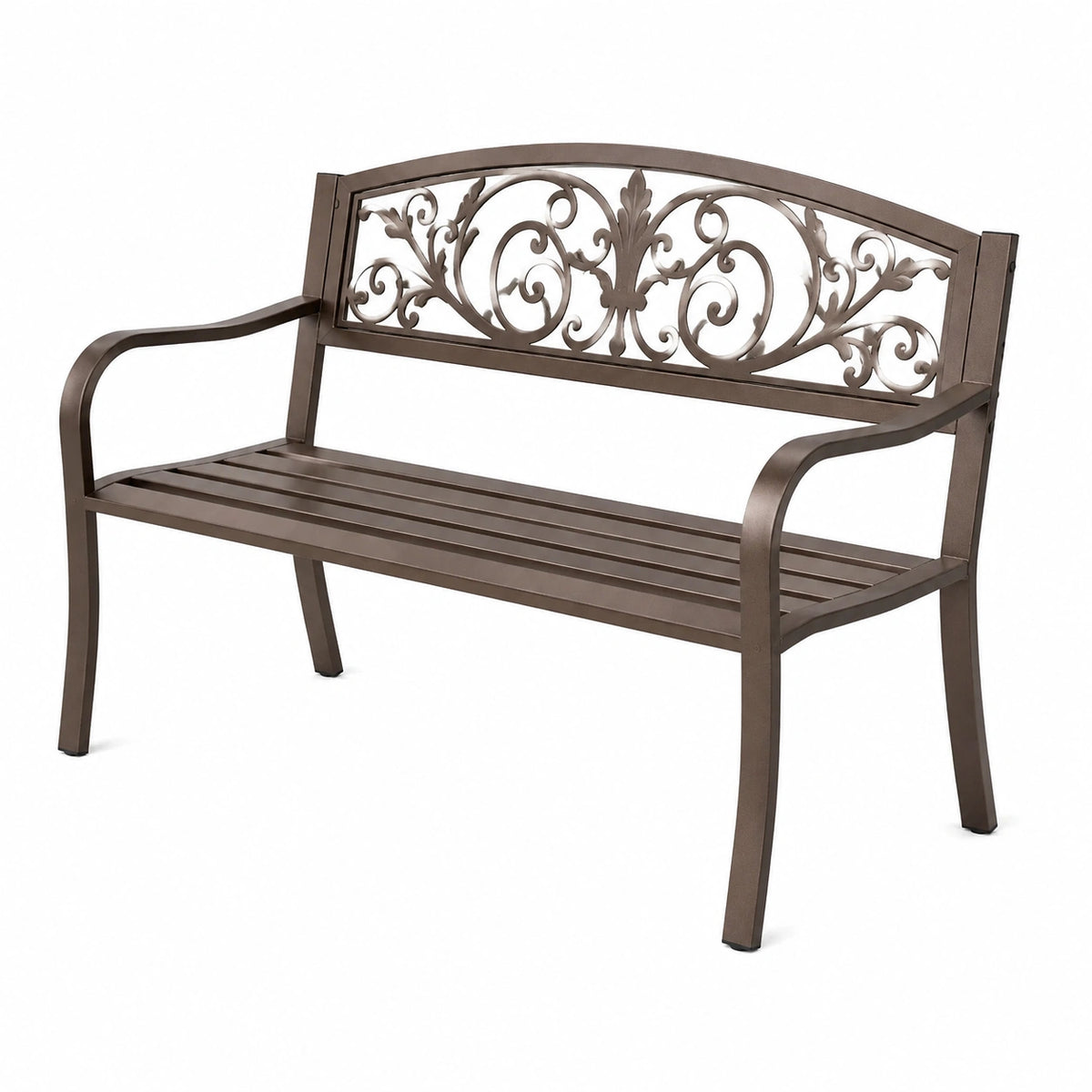 Banc de jardin 120 cm en acier brun à dossier ajouré style classique