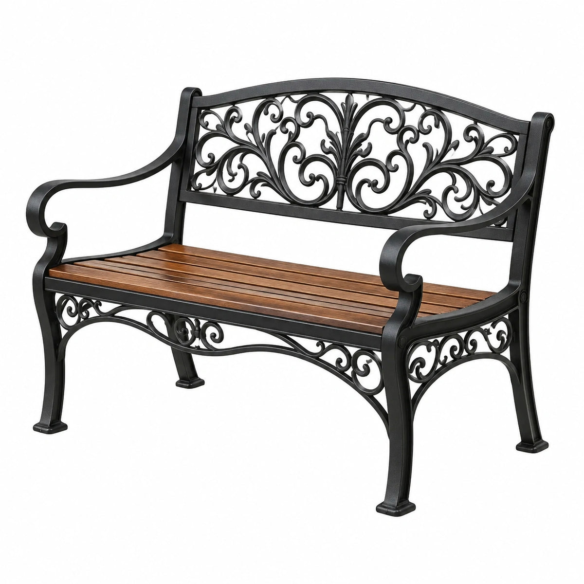 Banc de jardin 125 cm en métal noir et bois marron style classique décoratif