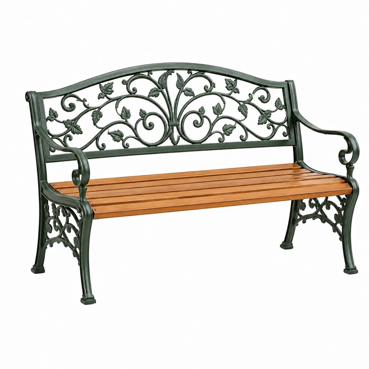 Banc de jardin 122 x 60 x 87 cm en métal et bois vert foncé style classique